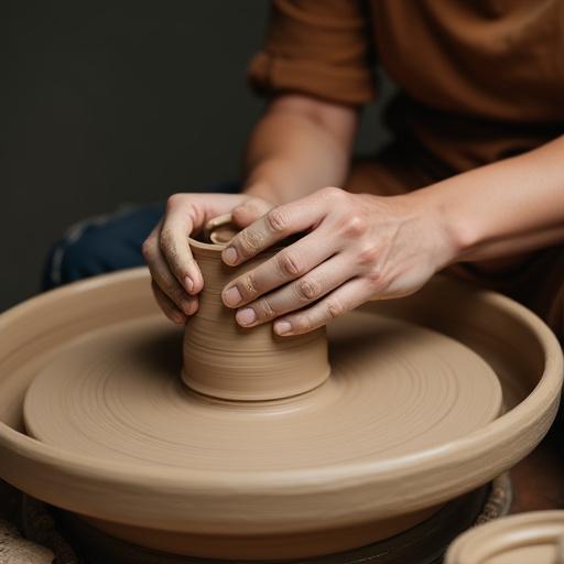 एक व्यक्ति पॉटरी व्हील पर काम कर रहा है